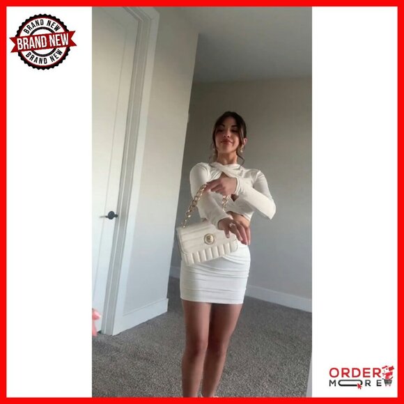 Sexy Two Piece Skirt Set Long Sleeve Crop Top Cut Out Twist Front Bodycon - Picture 6 of 7